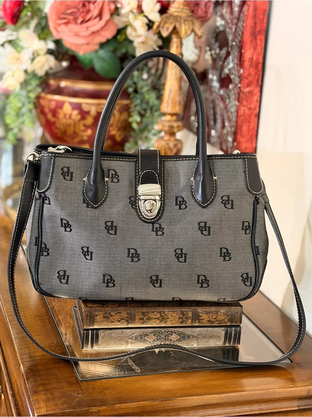 Dooney & Bourke Gray Monogram Jacquard Leather Satchel Purse Classic Preppy
